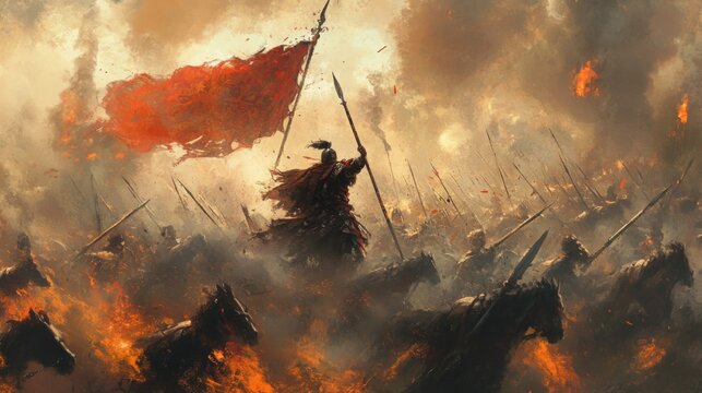 A lone warrior leads a cavalry charge through a fiery battlefield.