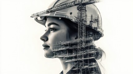 Double exposure of a young female engineer and a construction crane, symbolizing growth and infrastructure development.