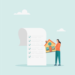 Character holding house with checklist papers. home and property planning. Vector illustration.	