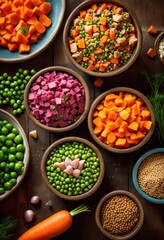 colorful dog food bowls filled fresh ingredients showcased close, vibrant, nutrition, ceramic, bright, stainless, meal, healthy, dish, water, kitchen