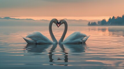 Fototapeta premium Two Swans Forming Heart Shaped Necks in Tranquil Lake at Dusk Symbol of Natural Love
