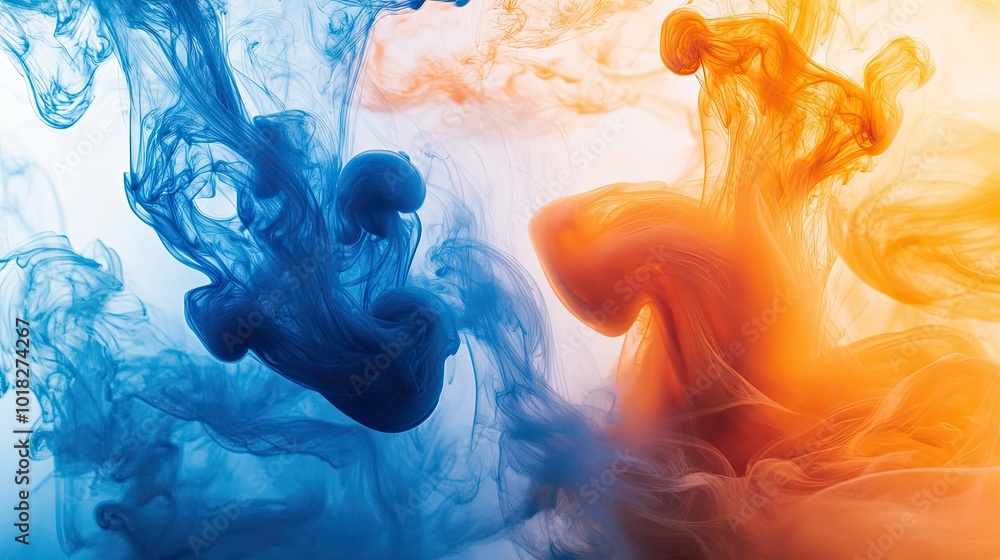 Poster dynamic blue and orange ink swirling in water, creating abstract fluid patterns with soft gradients 