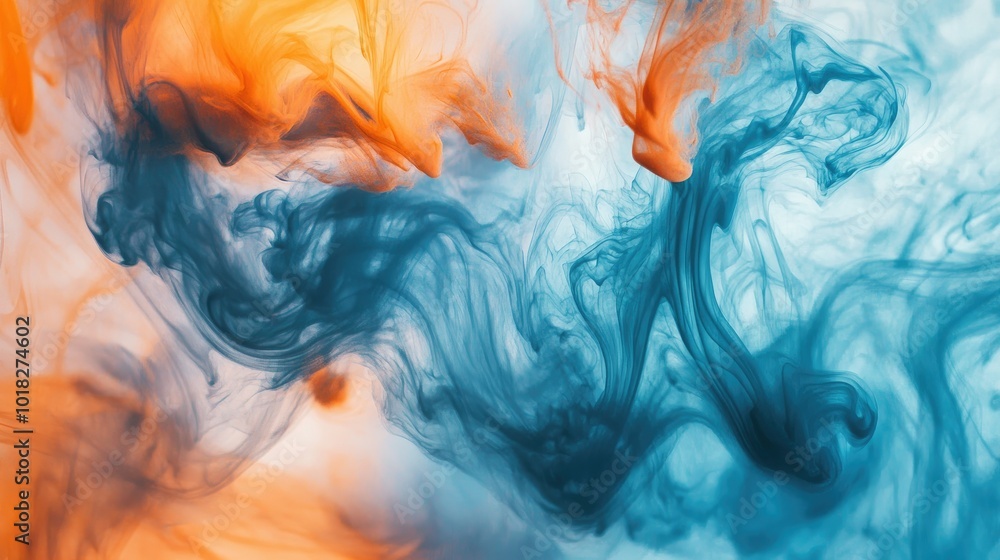 Poster dynamic blue and orange ink swirls forming abstract fluid patterns, blending softly in water