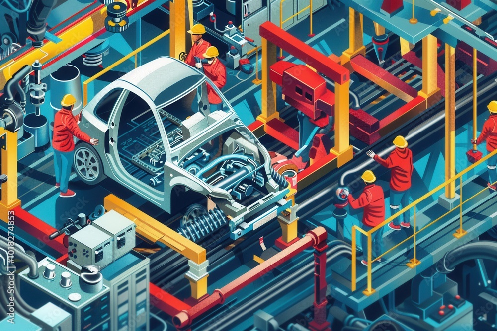 Aufkleber Workers use machinery to efficiently produce car parts in a busy manufacturing environment focused on automotive assembly. Generative AI