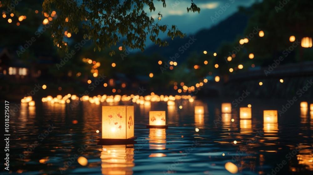 Poster illuminated paper lanterns floating on a calm water surface at twilight