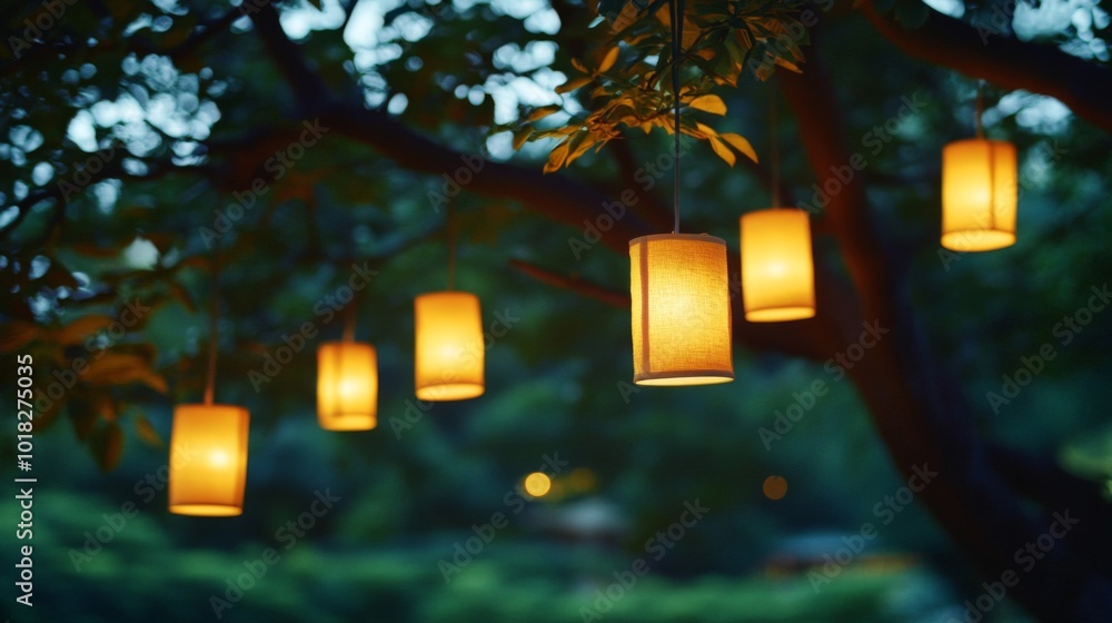 Poster string of illuminated lanterns hanging from a tree branch