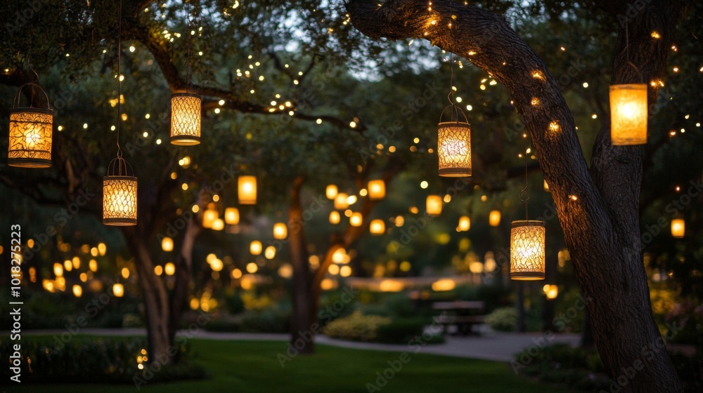 Poster illuminated tree with hanging lanterns and string lights