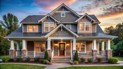 Modern Craftsman style house with stone chimney and large front porch
