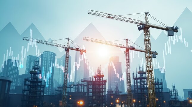 Construction Cranes at Sunset With Data Overlay in a Bustling Urban Environment - Powered by Adobe