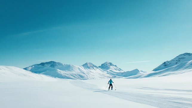 Skier descending a piste in a breathtaking Alpine setting. The background is a blue sky.