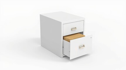 A Modern White Filing Cabinet With One Drawer Open and Wooden Folders Visible