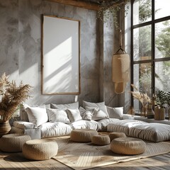 Boho Minimalist Living Room Poster Frame Mockup Modern Interior Design with Cozy Home Decor