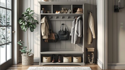 Modern entryway hall tree in light grey finish, featuring shoe storage, coat hangers, and a hat shelf for contemporary home decor.