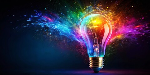 An incandescent lightbulb emanating vibrant energy, surrounded by a swirling explosion of colorful particles, symbolizing a burst of inspiration and creative power.