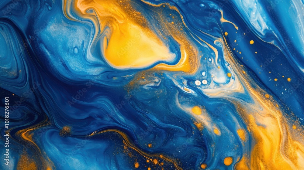 Poster dynamic swirls of blue and yellow paint blending into soft waves of color.