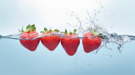 Fresh Strawberries Splashing in Clear Water Against a Light Background