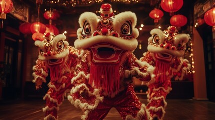 Fototapeta premium Three Lion Dancers Perform in a Festive Setting