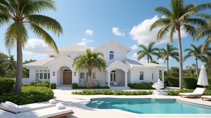 Fototapeta premium Beautiful Tropical Villa With Pool Surrounded by Palm Trees on a Sunny Day