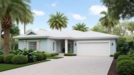 Fototapeta premium Modern Bungalow With Lush Landscaping in a Sunny Tropical Setting, Perfect for Relaxation