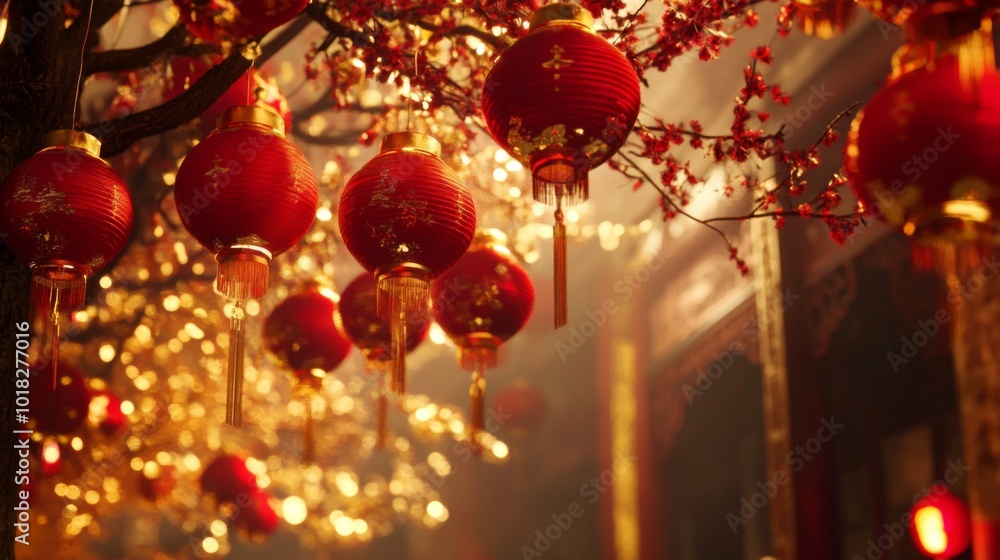 Poster red lanterns hanging from a branch with a blurry background