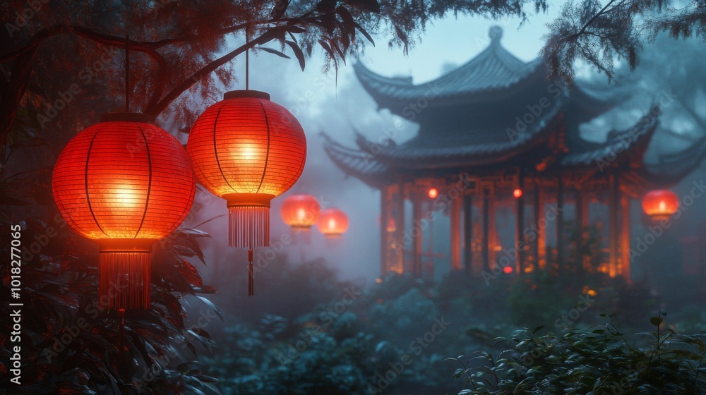 Poster red lanterns hanging from a tree branch in front of a pagoda