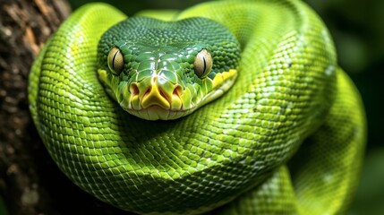 Fototapeta premium A close-up of a green tree python coiled around a branch, its scales glistening in the sunlight, eyes focused and alert.