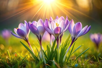 Minimalist image of crocus blossoms on grass with sunlight