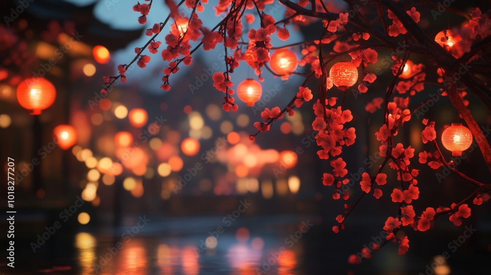 Poster red lanterns hanging from a tree branch with a blurred background of lights and water