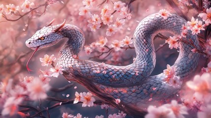 Obraz premium Silver Serpent Coiled Among Delicate Pink Blossoms
