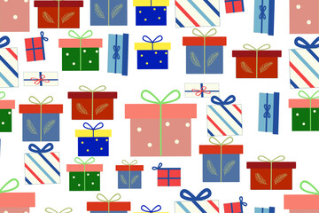  Colorful seamless Christmas gift box pattern with festive ribbons and decorations on a white background