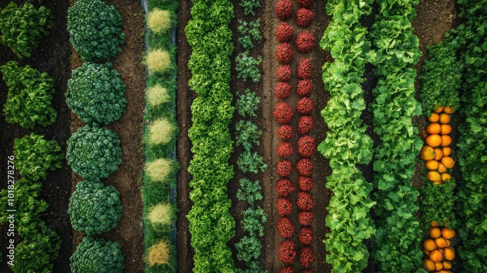 Aufkleber an aerial view of a farm field with rows of different vegetables and crops.