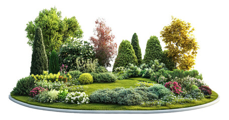 Beautiful garden with colorful plants and trees, isolated on transparent cutout background