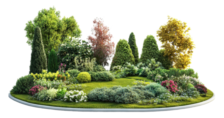 Beautiful garden with colorful plants and trees, isolated on transparent cutout background