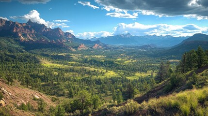 Obraz premium A panoramic view of a valley surrounded by mountains, with lush green trees and grass in the foreground, under a partly cloudy blue sky.
