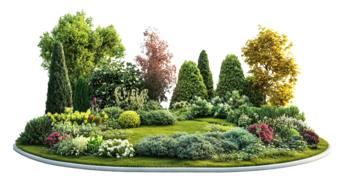 Beautiful garden with colorful plants and trees, isolated on transparent cutout background