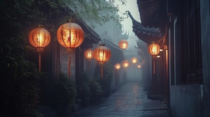 Foggy Alleyway Illuminated by Red Lanterns in China