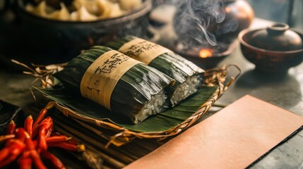 Two Steamed Rice Dumplings Wrapped in Bamboo Leaves