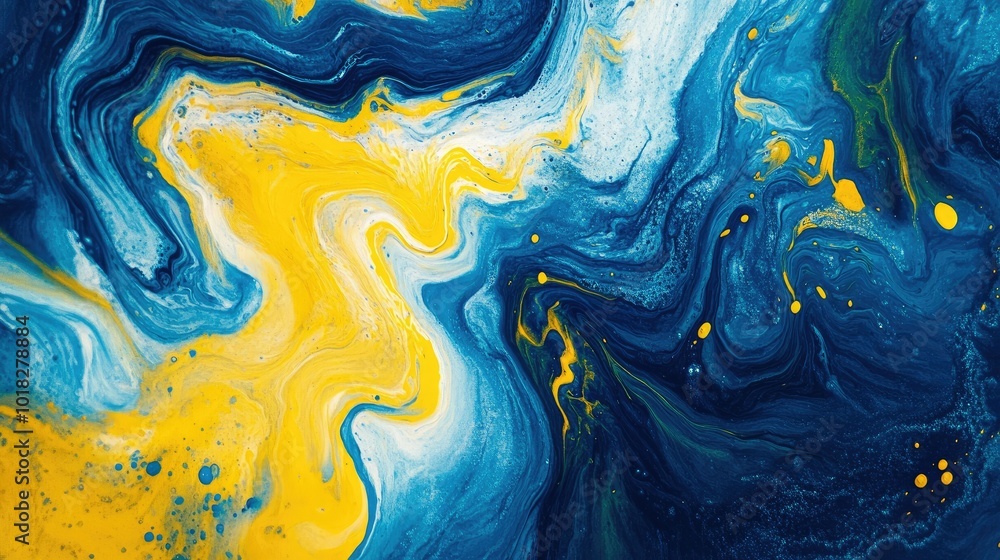 Aufkleber fluid abstract swirls of blue and yellow paint mixing into each other, creating bold patterns.