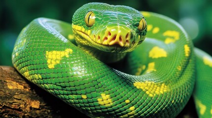 Fototapeta premium A close-up of a green tree python coiled around a branch, its scales glistening in the sunlight, eyes focused and alert.