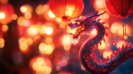 Naklejka premium Red Dragon Statue with Blurry Lanterns in the Background