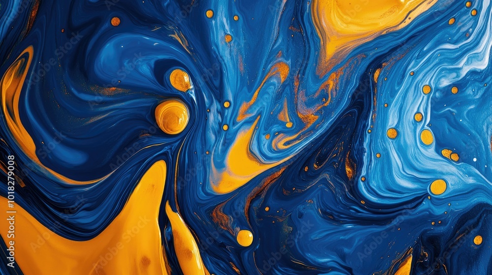 Poster fluid abstract swirls of blue and yellow paint mixing into each other, creating bold patterns.