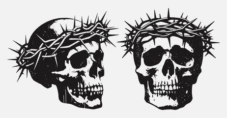 skull wearing a crown of thorns retro grunge print, side and front view illustration