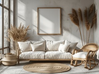 3D Render of Empty Picture Frame in Modern Scandinavian Living Room Interior