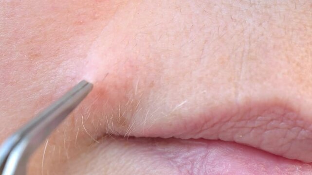 closeup mature female lips, woman 50 years old carefully removing facial hair around mouth, age-related changes, aesthetic cosmetology, hormonal disorder during menopause, Increased androgen levels