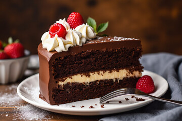 Decadent Chocolate Cake with Ganache Frosting and Fresh Raspberries – Hyper-Realistic Dessert Photography
