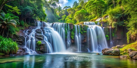 Fototapeta premium Cascading Waterfall Plunges Through Verdant Foliage, Creating a Tranquil Oasis in a Lush Forest