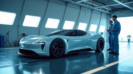 Fototapeta premium Engineers test an electric car prototype's performance and aerodynamics in a high-tech lab with advanced measurements and futuristic design