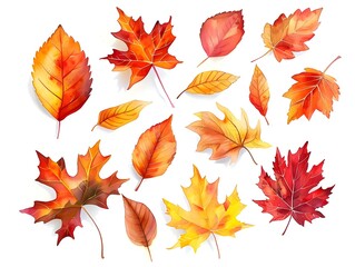 Vibrant Watercolor Autumn Leaves Scattered in Warm Colors on a Clean White Background