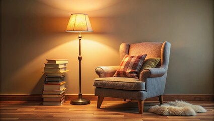 A warm inviting living room space with a comfortable armchair and a floor lamp casting a soft golden glow on a stack of books, creating a cozy ambiance perfect for reading or relaxation.