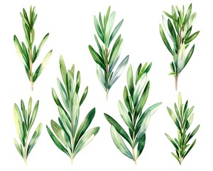 Serene Watercolor Rosemary Leaves Artwork on White Background